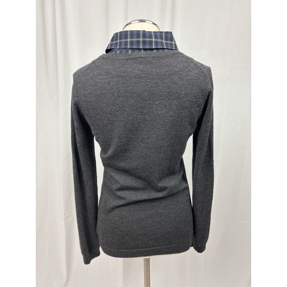 Theory Sweater Women's Medium Black Blue Plaid Ruffle Attached Shirt Collar Wool - Picture 3 of 13